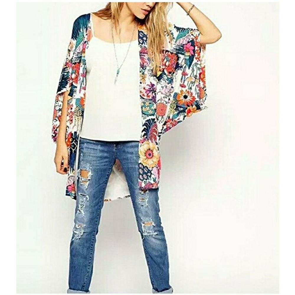Sheer Chiffon Blouse; Kimono Floral Print - Picture 4 of 5